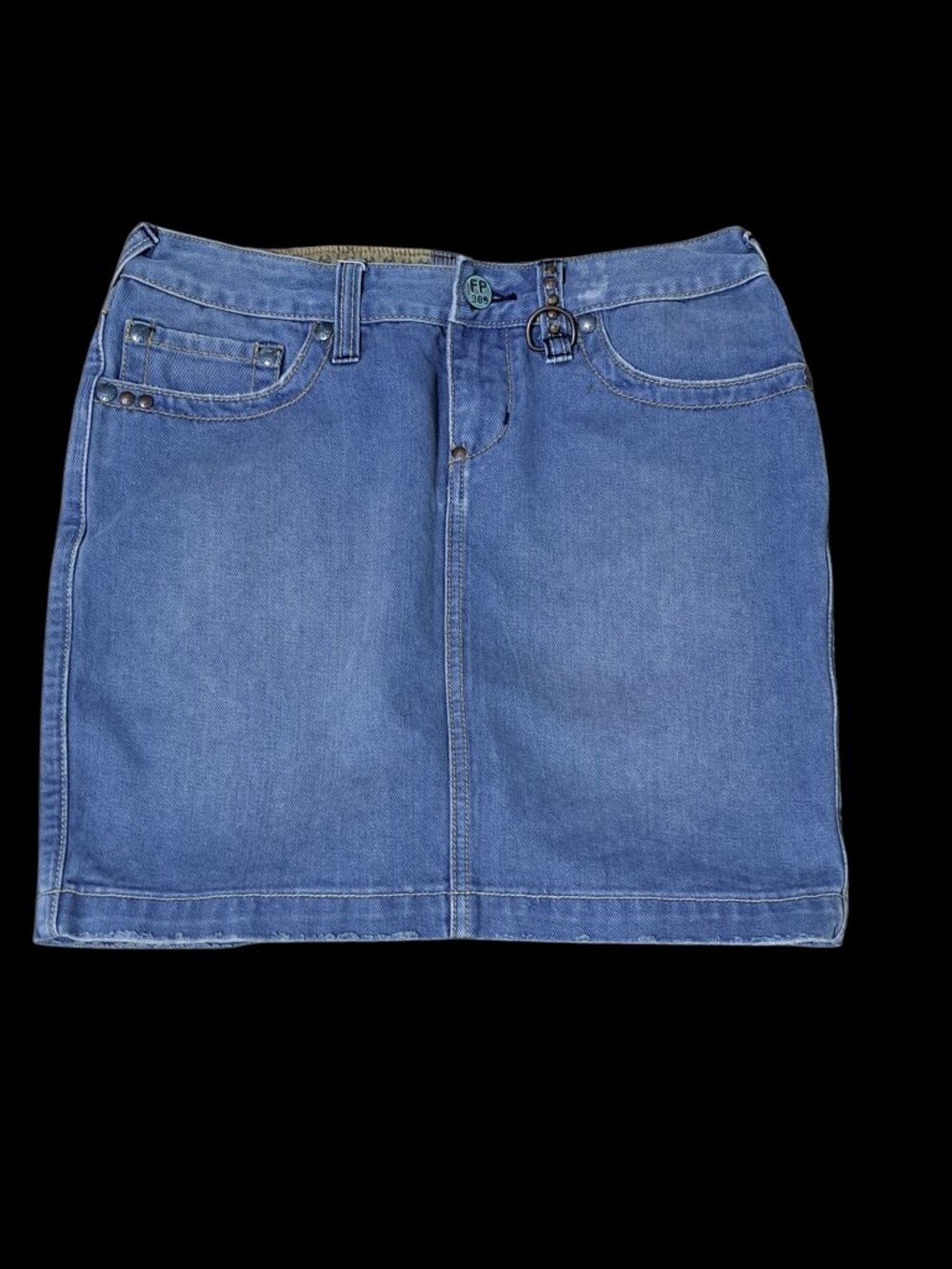 Free People Women's Denim Boho Mini Skirt Blue Wings Embroidered Pockets sz 27